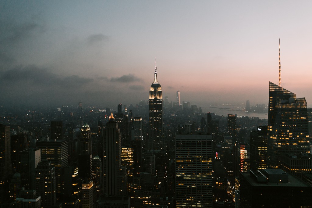 City skyline at dusk