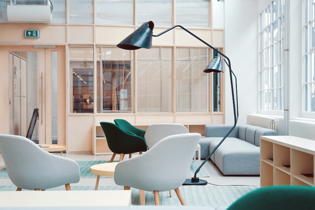 Bright office lounge with modern seating